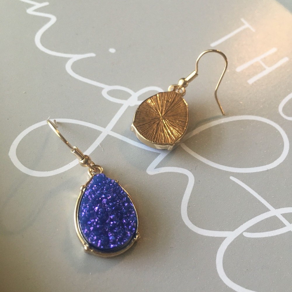 Druzy Resin Blue Violet Gold Hook Drop Earrings - Picture 3 of 6